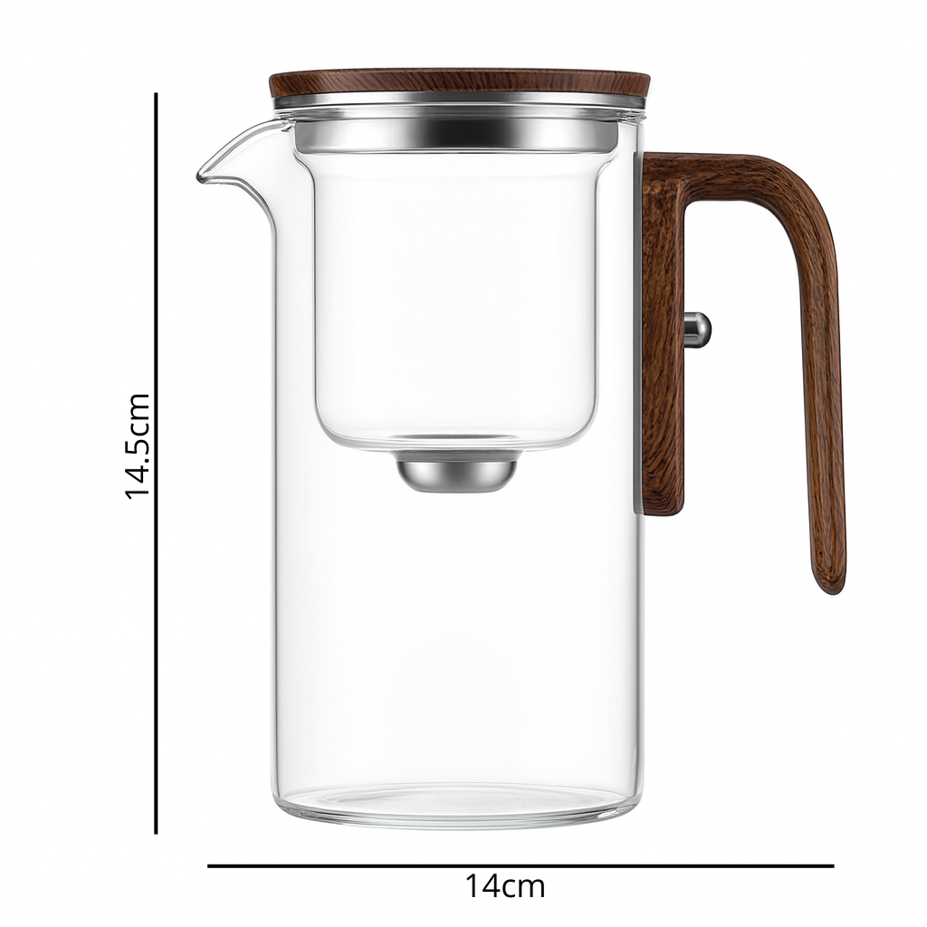 Théière en Verre Borosilicaté 600 ml – Poignée Bois, Filtration à un Clic – Variante Théière Seule ou Coffret avec 6 Tasses