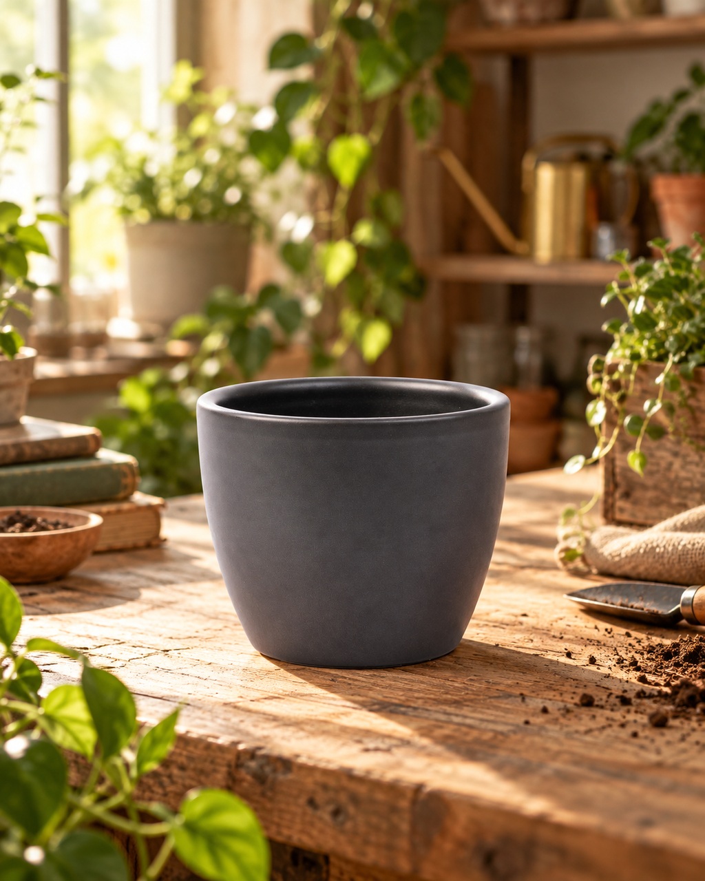 Boule Anthracite Mate – Mini cache-pot en céramique – Ø7,5 × H6 cm