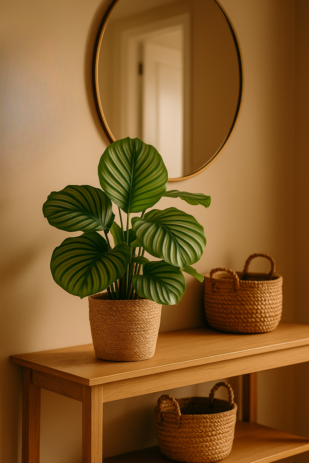 Calathea Orbifolia avec panier Sofia naturel – 65 cm Ø21
