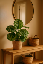 Calathea Orbifolia avec panier Sofia naturel – 65 cm Ø21