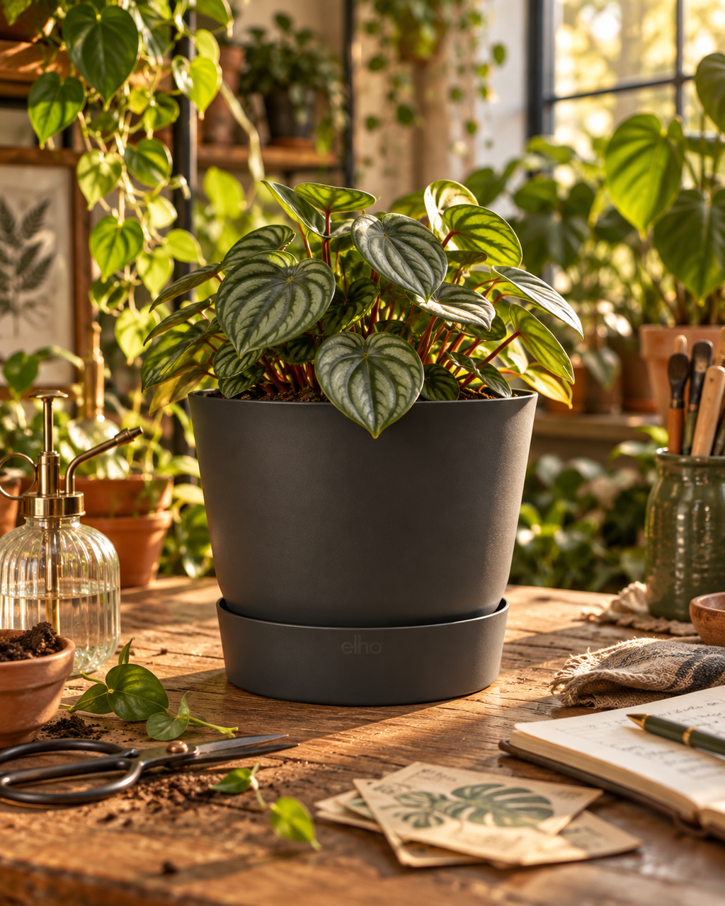 Elho Greenville Rond Noir – Pot avec réservoir d’eau – Ø14 × H13 cm