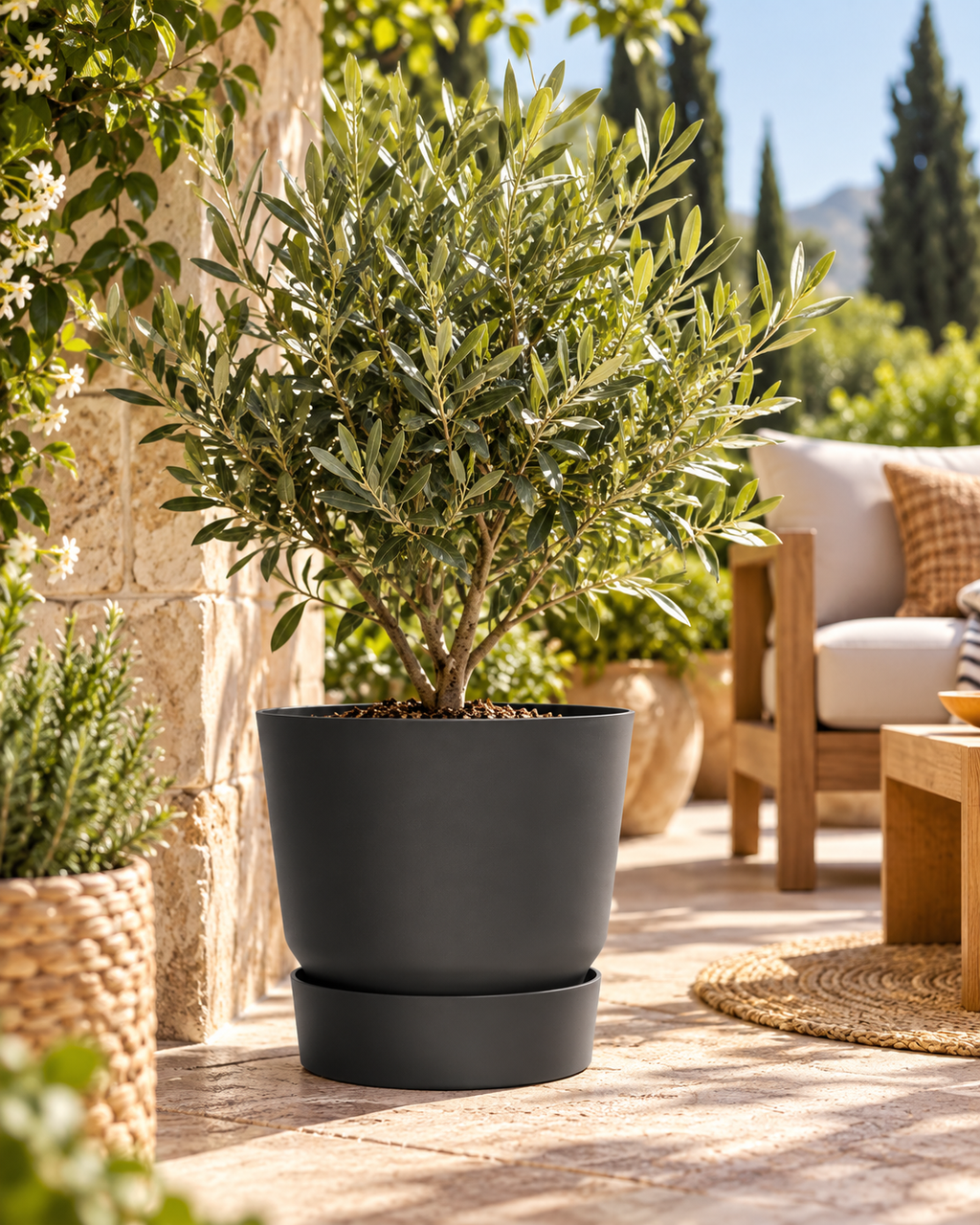 Elho Greenville Rond Noir – Pot avec réservoir d’eau – Ø14 × H13 cm