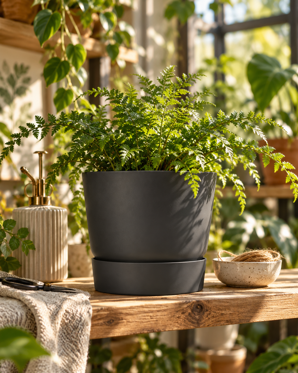Elho Greenville Rond Noir – Pot avec réservoir d’eau – Ø14 × H13 cm
