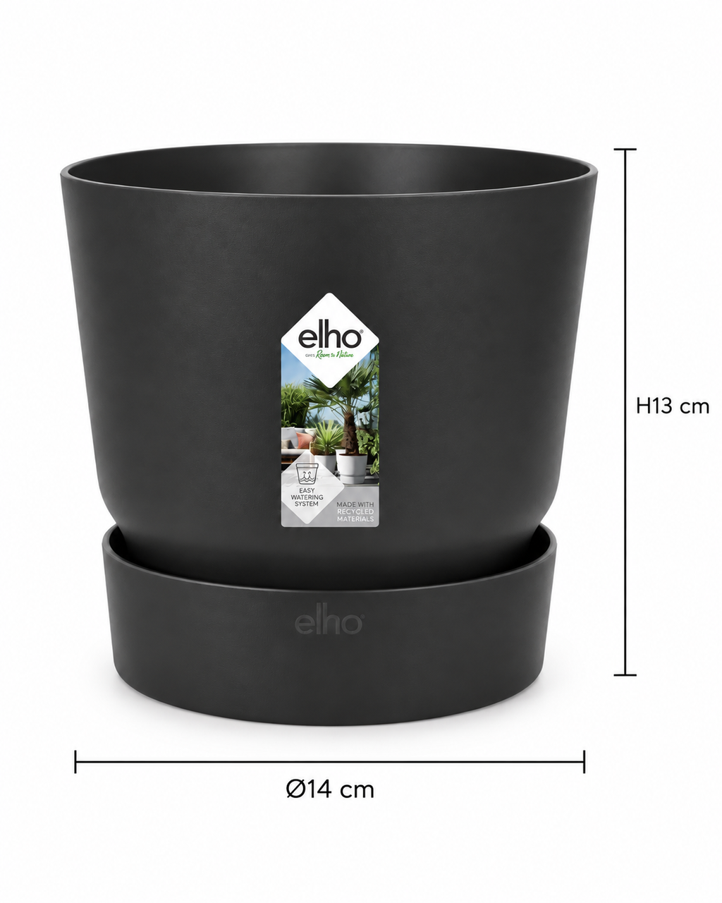 Elho Greenville Rond Noir – Pot avec réservoir d’eau – Ø14 × H13 cm