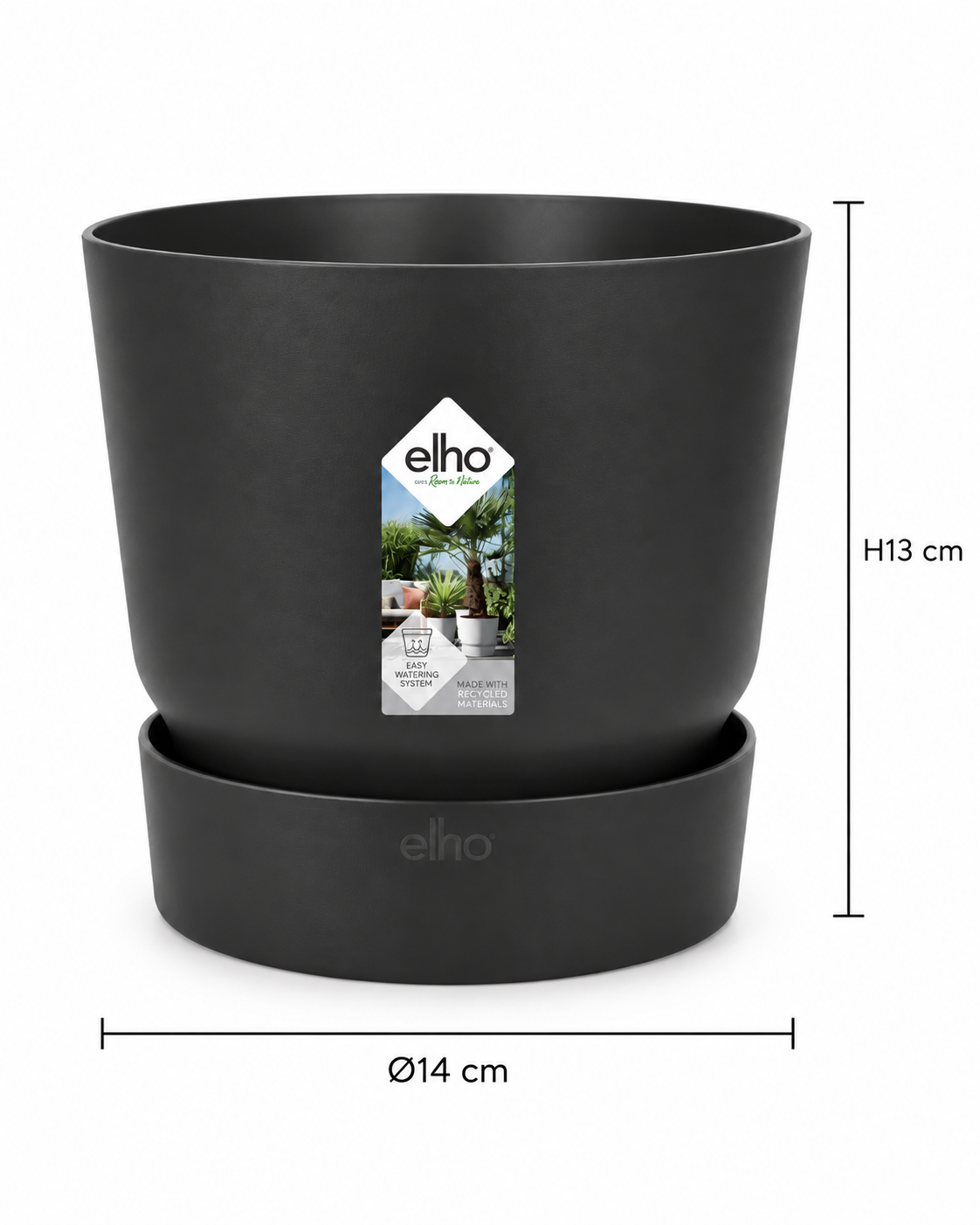 Elho Greenville Rond Noir – Pot avec réservoir d’eau – Ø14 × H13 cm