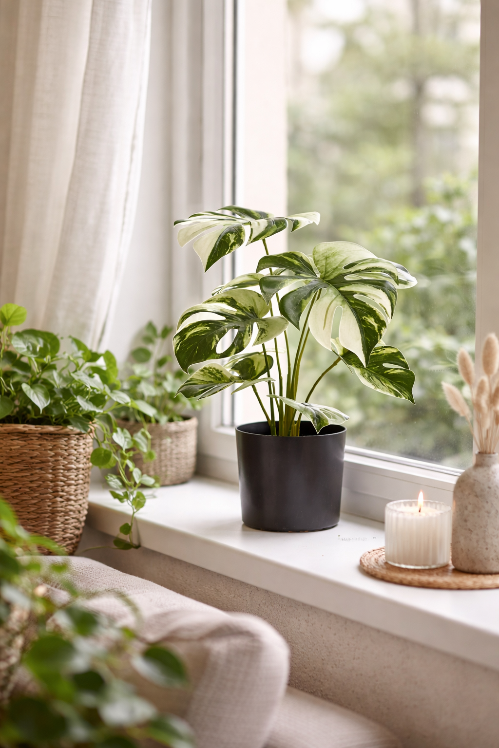 Artificial Monstera Variegata 40cm in a pot – Green &amp; white decorative plant with no maintenance