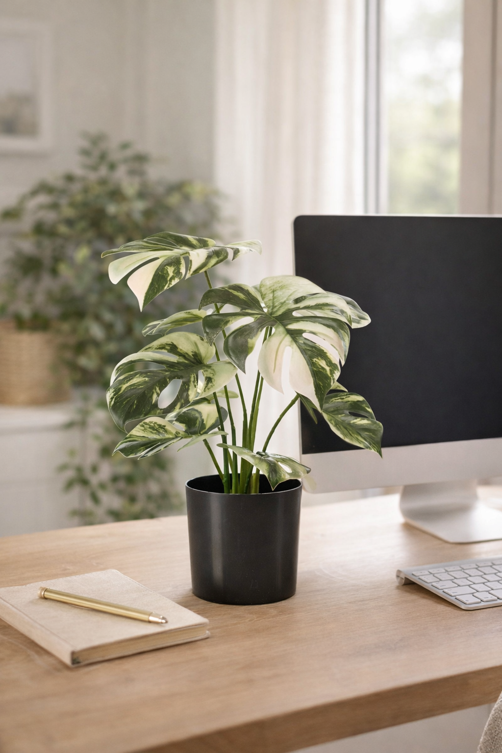 Artificial Monstera Variegata 40cm in a pot – Green &amp; white decorative plant with no maintenance