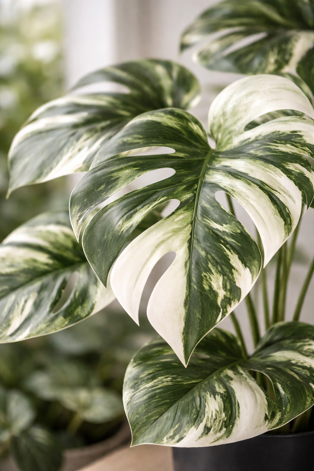 Artificial Monstera Variegata 40cm in a pot – Green &amp; white decorative plant with no maintenance
