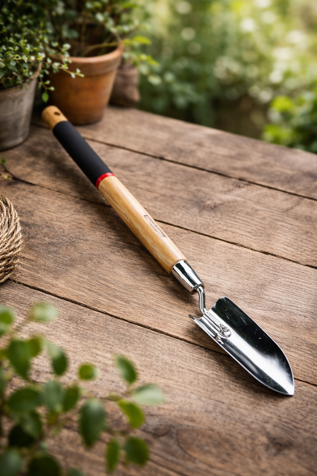 Long galvanized steel garden trowel - potting scoop with wooden handle