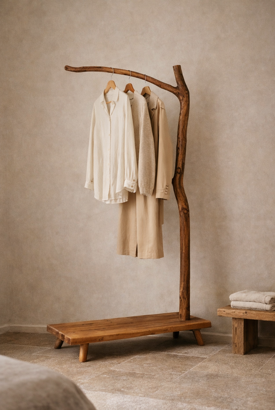 Portant Sculptural en Bois Massif – Design Organique & Esprit Japandi | Portant Vêtements Naturel Haut de Gamme