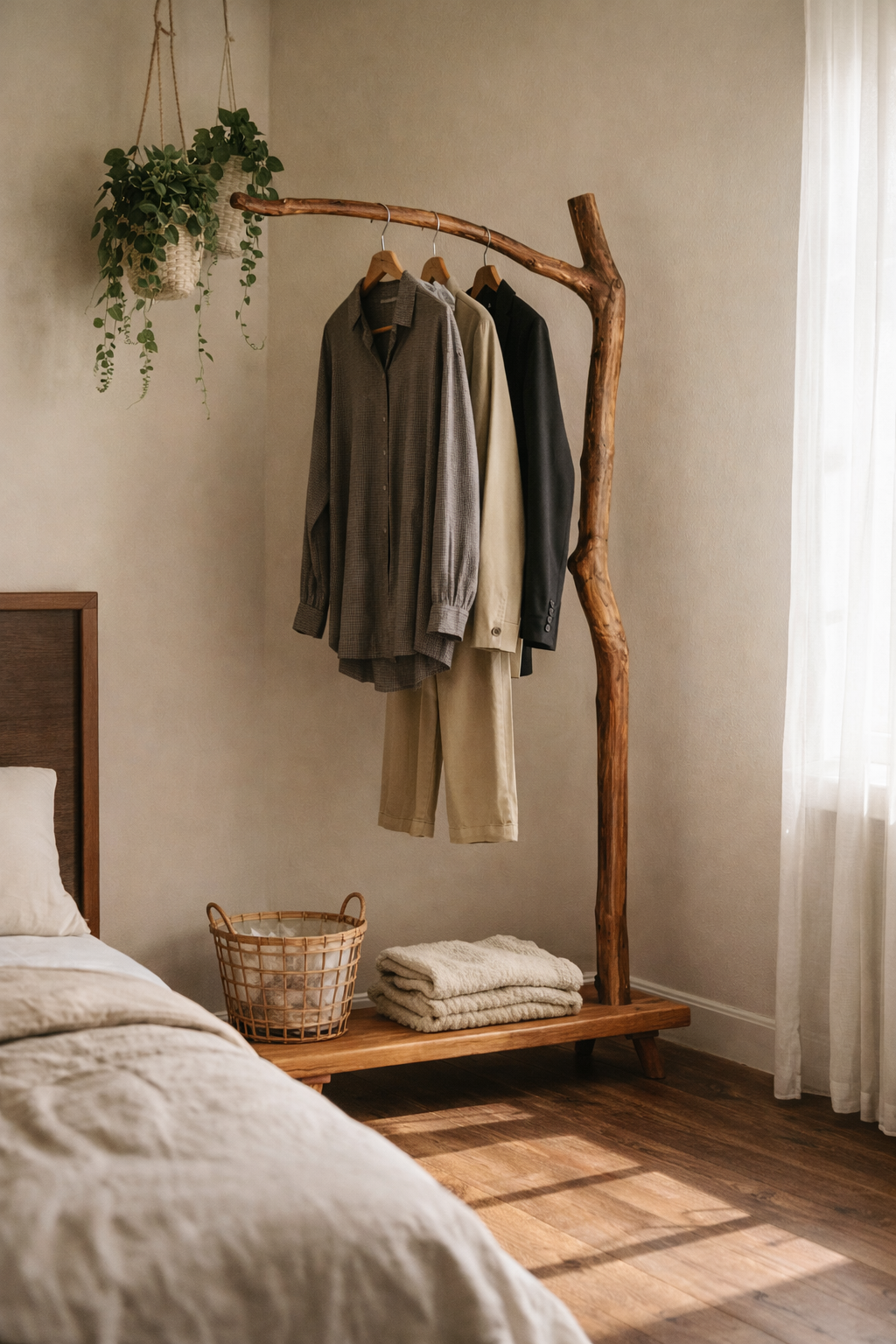 Portant Sculptural en Bois Massif – Design Organique & Esprit Japandi | Portant Vêtements Naturel Haut de Gamme