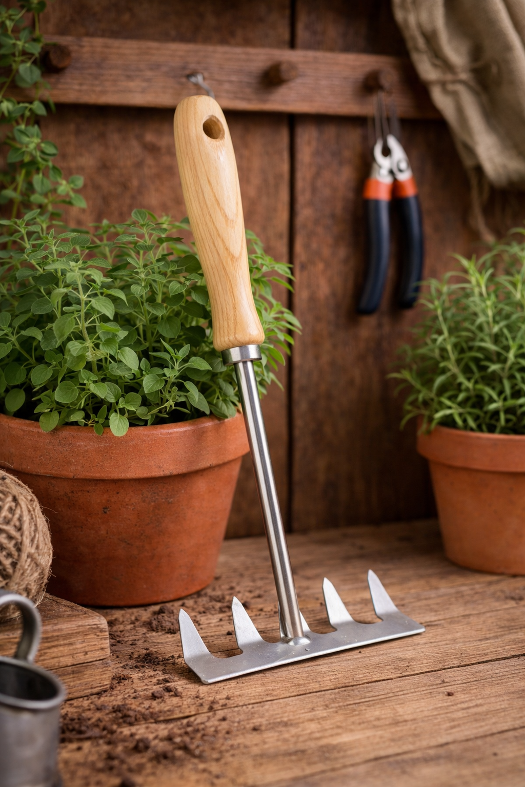 Mini Garden Rake 5 Teeth - Galvanized Steel & Ash Wood Handle