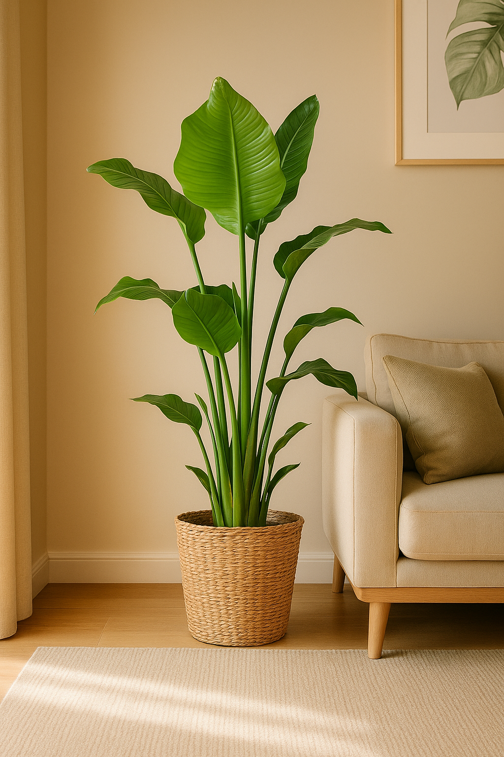 Strelitzia Nicolai XL – Plante d’intérieur tropicale 140 cm avec panier Torun Ø27 cm | Élégance naturelle et feuillage spectaculaire