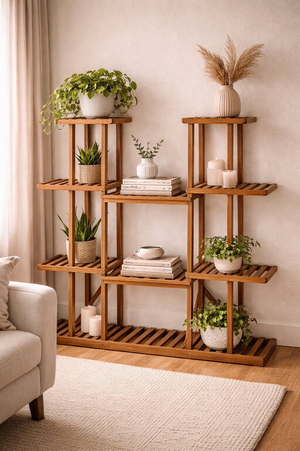 Support à Plantes en Bois – Étagère Botanique Verticale en Pin Carbonisé pour Intérieur & Extérieur