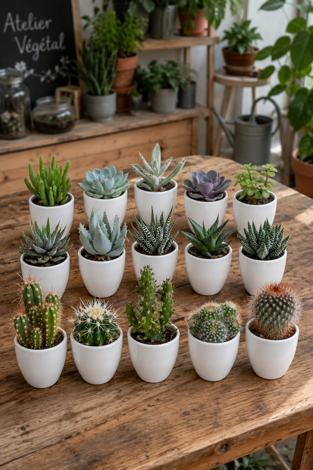 Mixed Cacti & Succulents – 15 Plants in White Pots – Ø5.5 cm