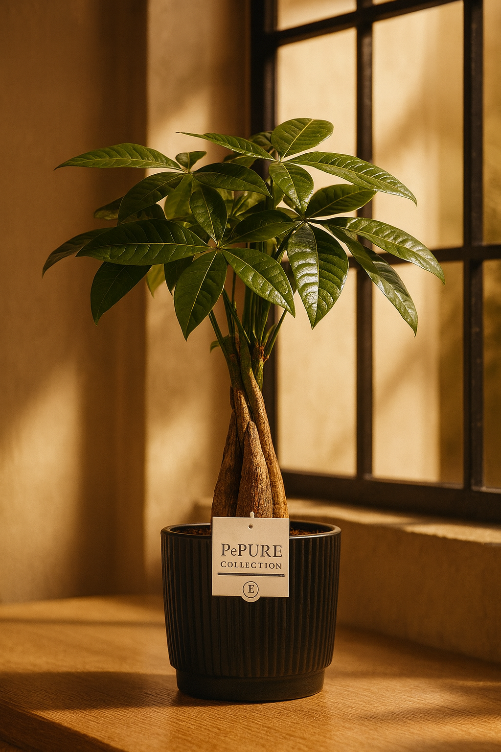 Pachira Aquatica – 45 cm – P&PURE Collection Céramique Noire ou Panier Naturel – Pot Ø12 cm