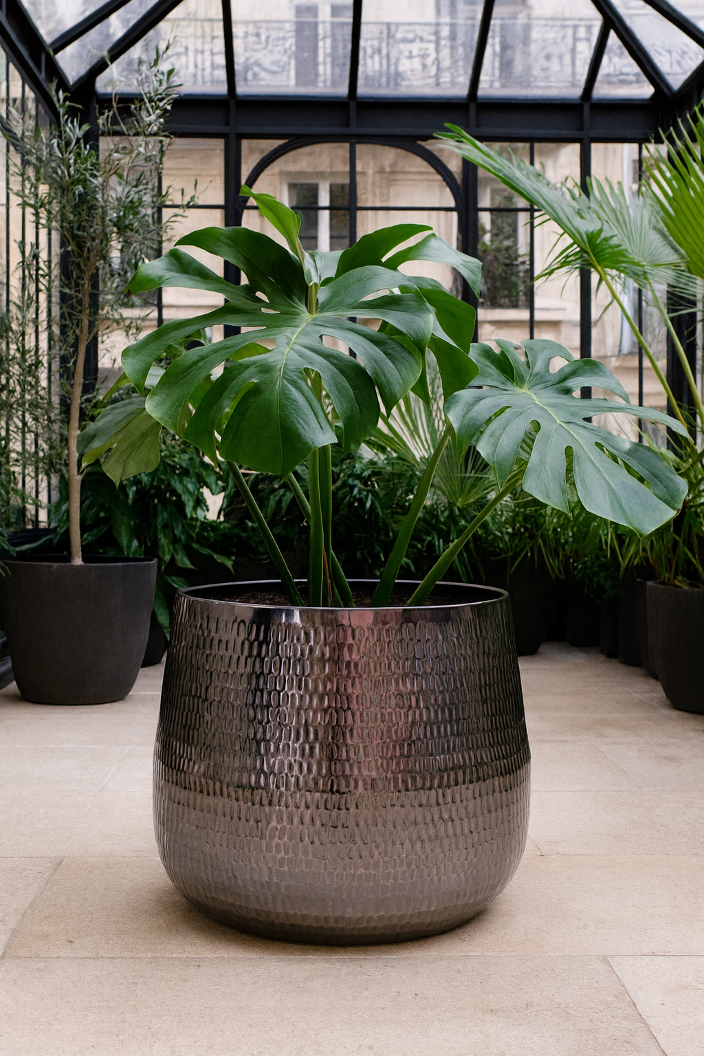 Jenna Lead Anthracite Hammered Cachepot – Contemporary Ceramic Planter