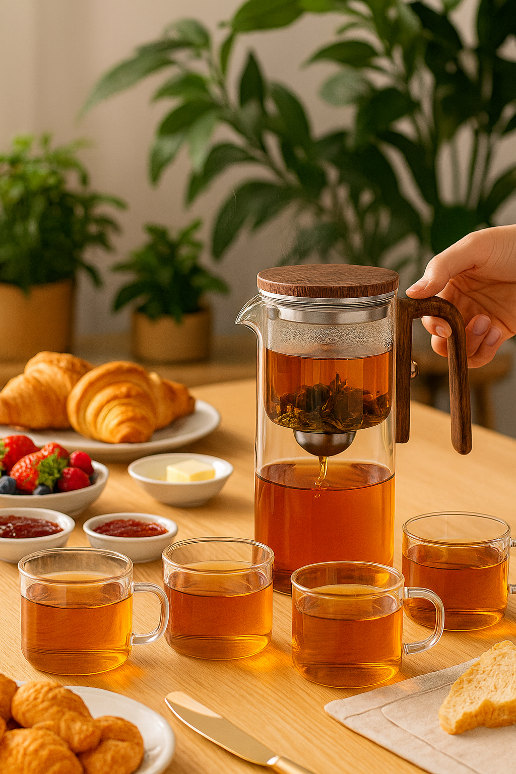 Théière en Verre Borosilicaté 600 ml – Poignée Bois, Filtration à un Clic – Variante Théière Seule ou Coffret avec 6 Tasses