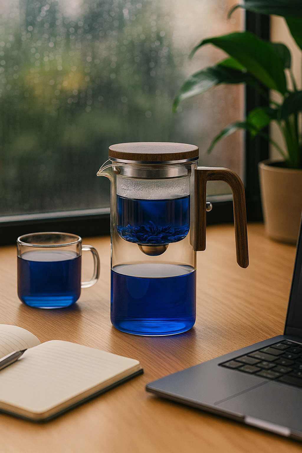 Théière en Verre Borosilicaté 600 ml – Poignée Bois, Filtration à un Clic – Variante Théière Seule ou Coffret avec 6 Tasses