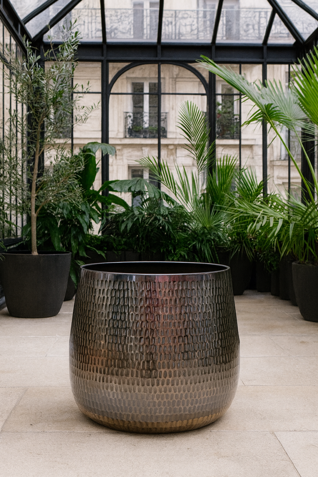 Jenna Lead Anthracite Hammered Cachepot – Contemporary Ceramic Planter
