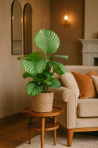 Calathea Orbifolia avec panier Sofia naturel – 65 cm Ø21