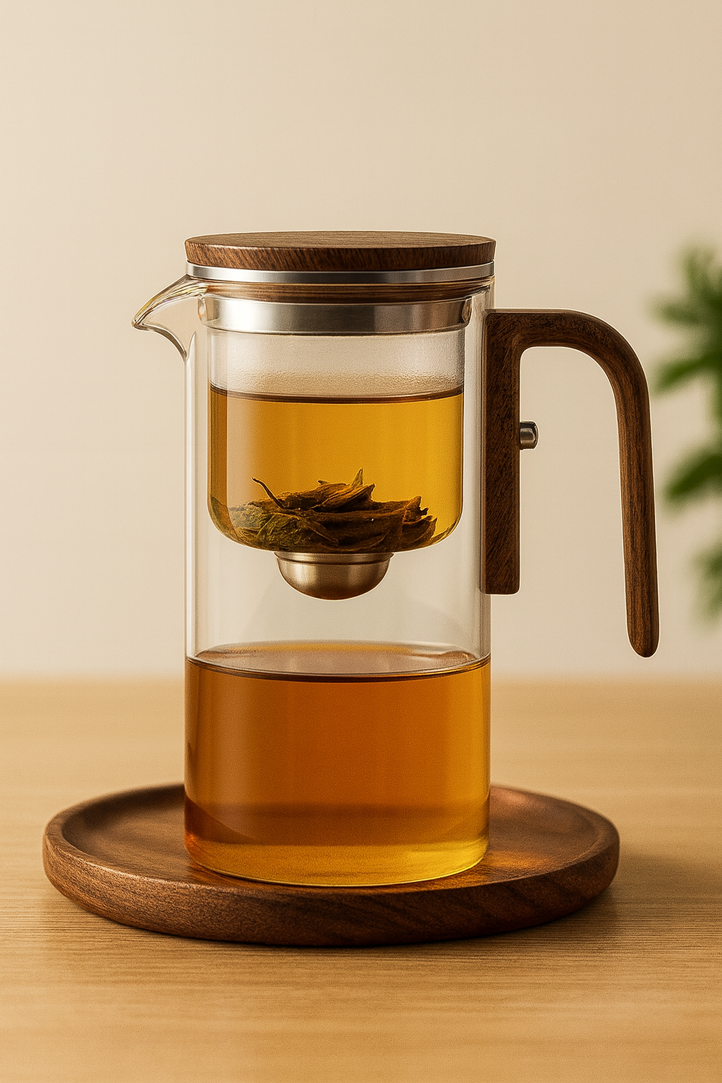 Théière en Verre Borosilicaté 600 ml – Poignée Bois, Filtration à un Clic – Variante Théière Seule ou Coffret avec 6 Tasses