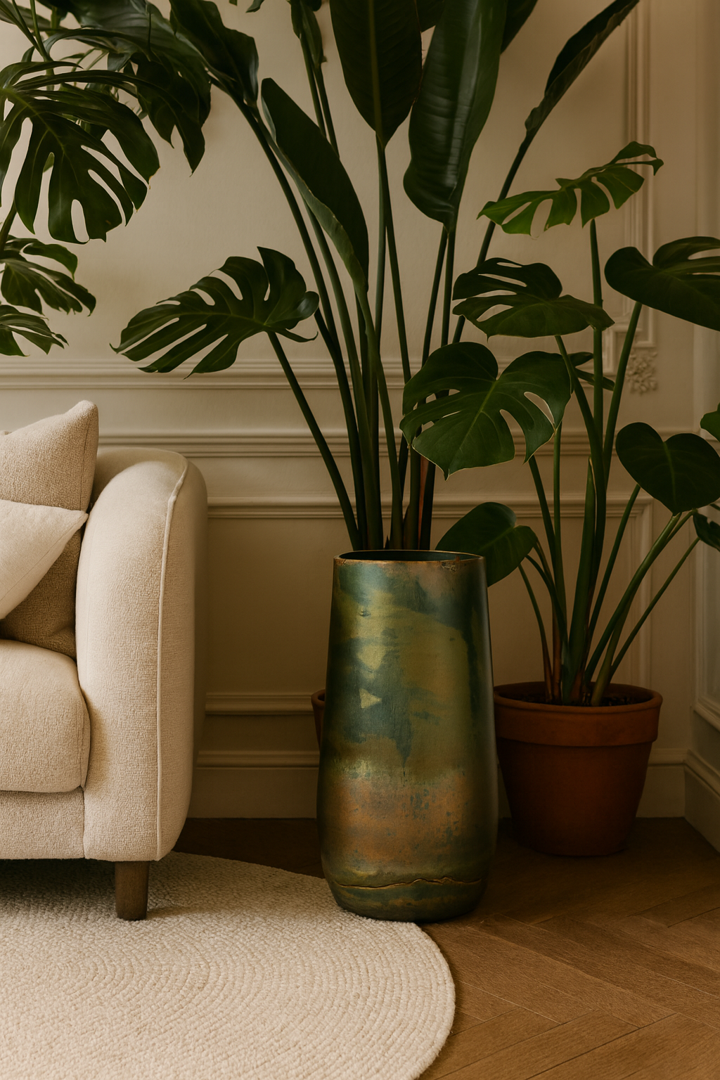 Vase décoratif Elisa Vintage Green en métal patiné – Ø29 × H50 cm