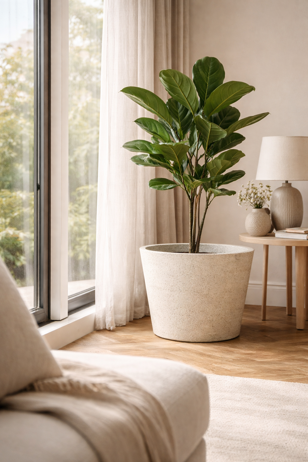 beige indoor plant pots Patinated Beige Stone Fiber Plant Pot – Large Decorative Size – Douceur Maison