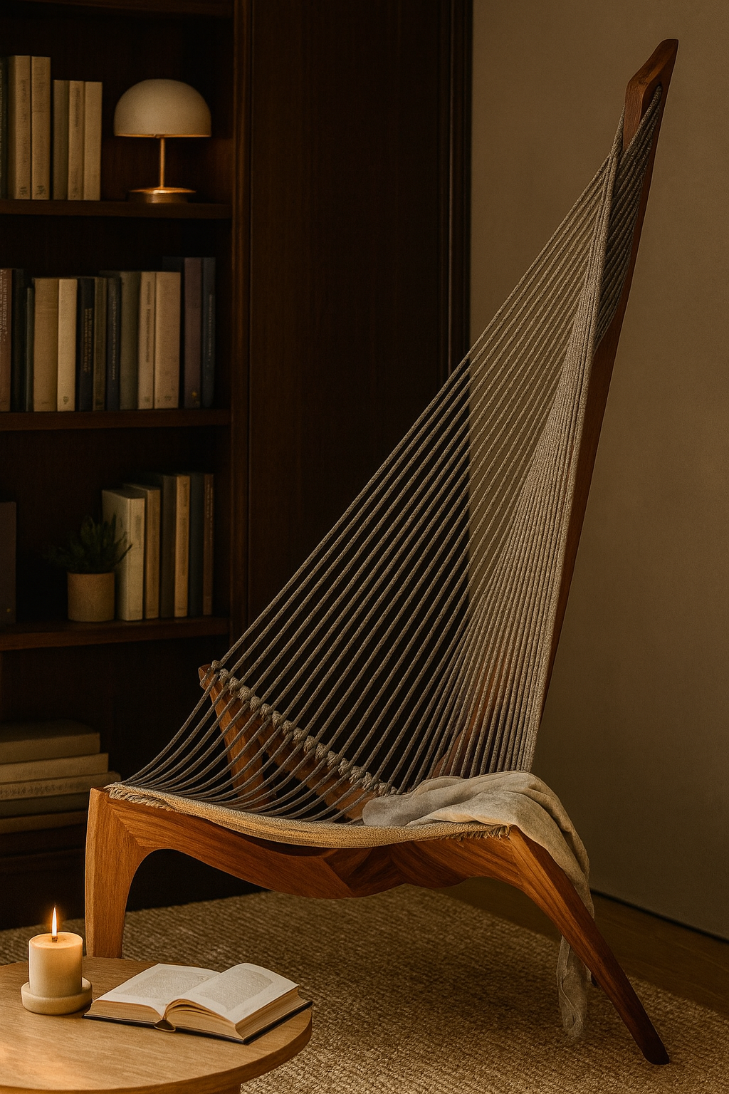 Chaise Harpe en Bois Massif – Fauteuil Design Scandinave Haut de Gamme, Noyer Foncé, Lounge & Salon