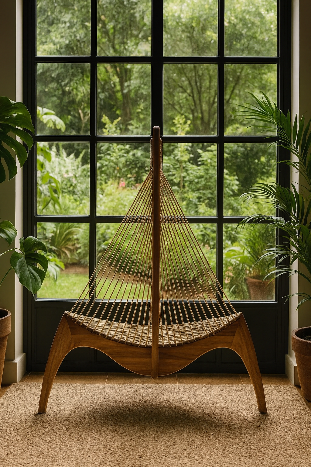 Chaise Harpe en Bois Massif – Fauteuil Design Scandinave Haut de Gamme, Noyer Foncé, Lounge & Salon