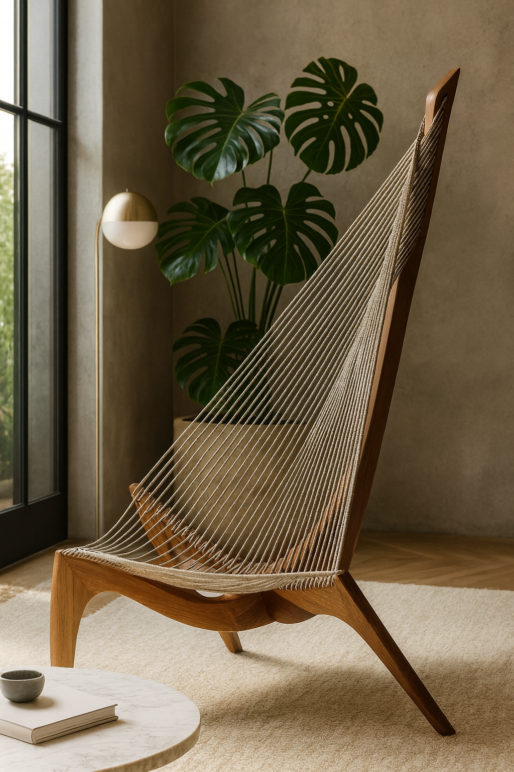 Chaise Harpe en Bois Massif – Fauteuil Design Scandinave Haut de Gamme, Noyer Foncé, Lounge & Salon