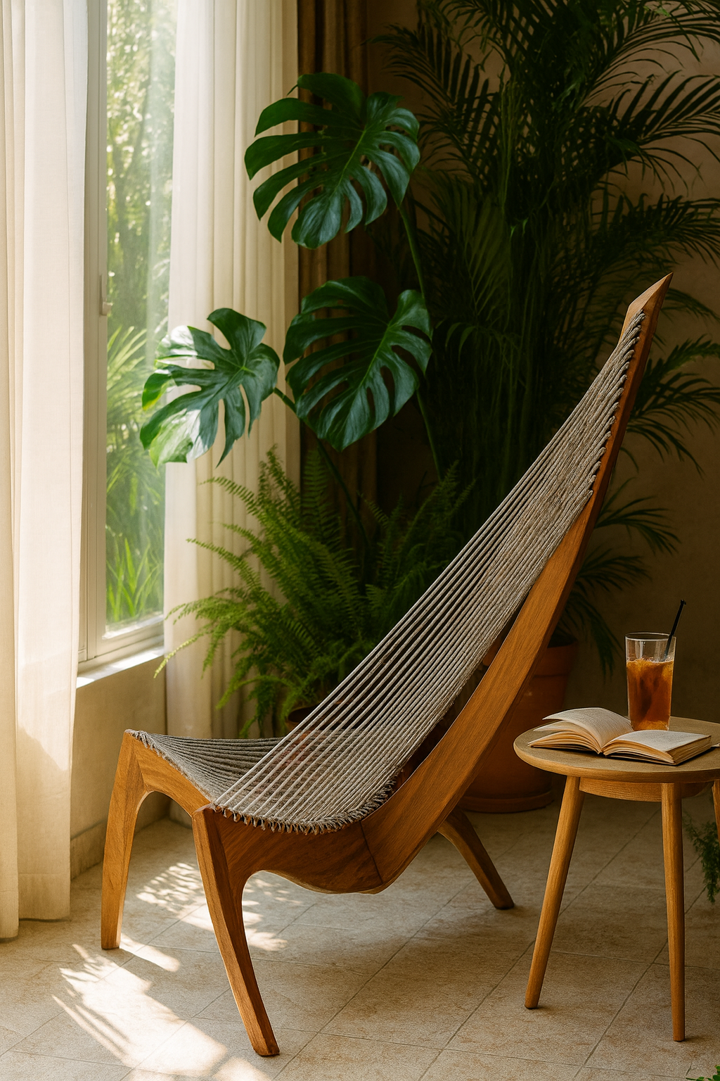 Chaise Harpe en Bois Massif – Fauteuil Design Scandinave Haut de Gamme, Noyer Foncé, Lounge & Salon