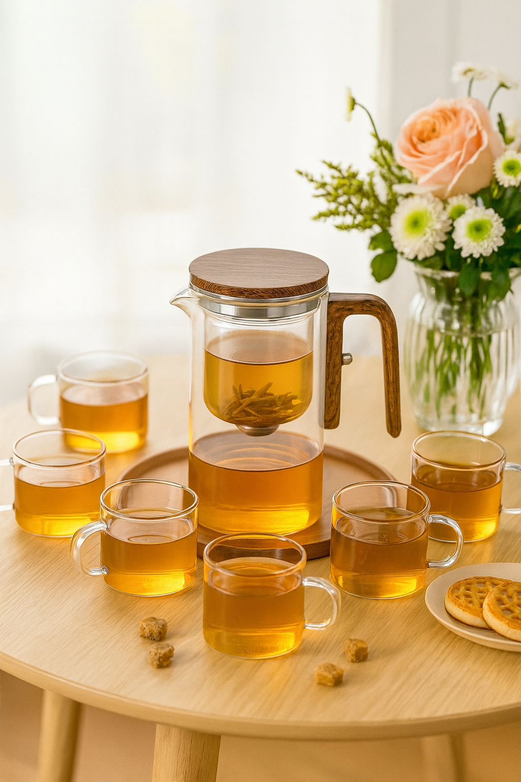 Théière en Verre Borosilicaté 600 ml – Poignée Bois, Filtration à un Clic – Variante Théière Seule ou Coffret avec 6 Tasses