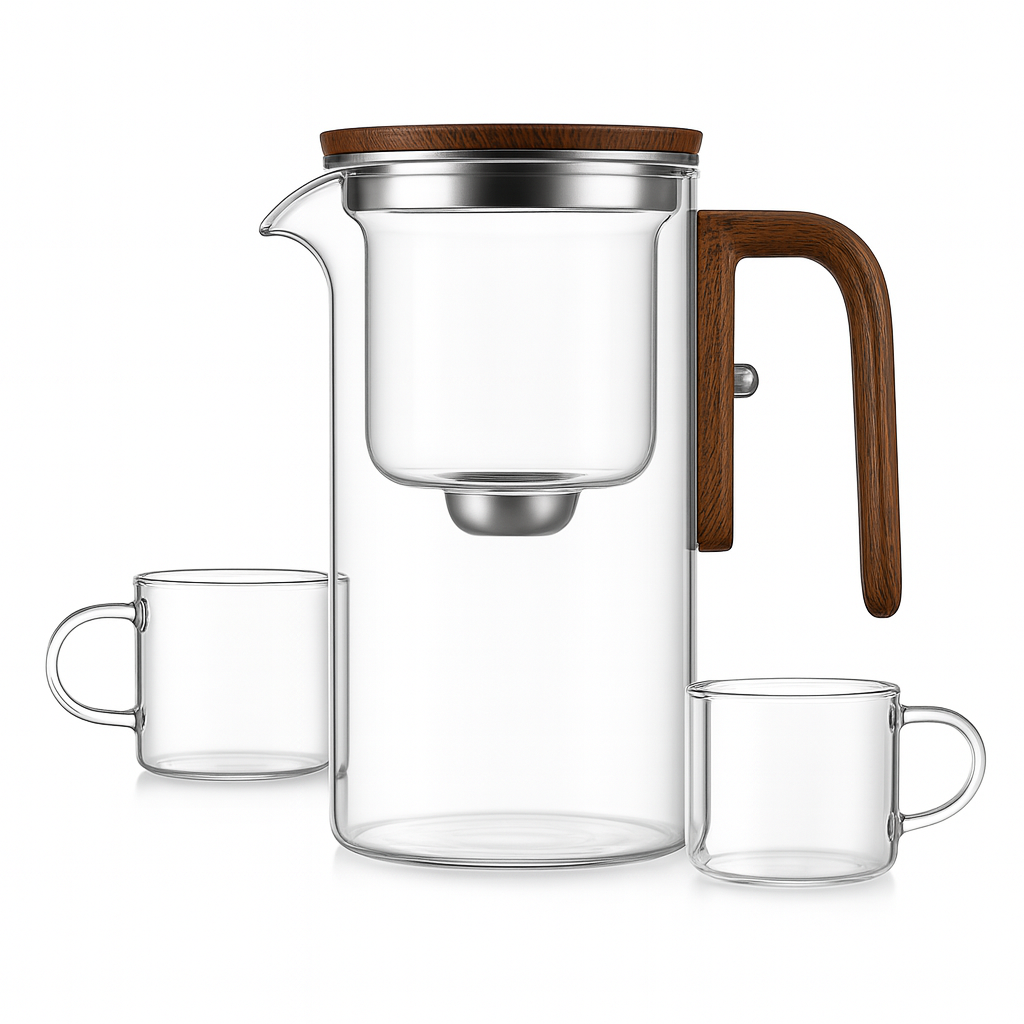 Théière en Verre Borosilicaté 600 ml – Poignée Bois, Filtration à un Clic – Variante Théière Seule ou Coffret avec 6 Tasses
