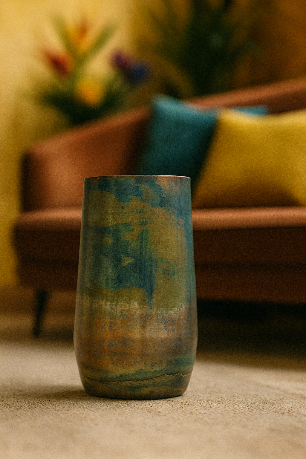 Vase décoratif Elisa Vintage Green en métal patiné – Ø29 × H50 cm