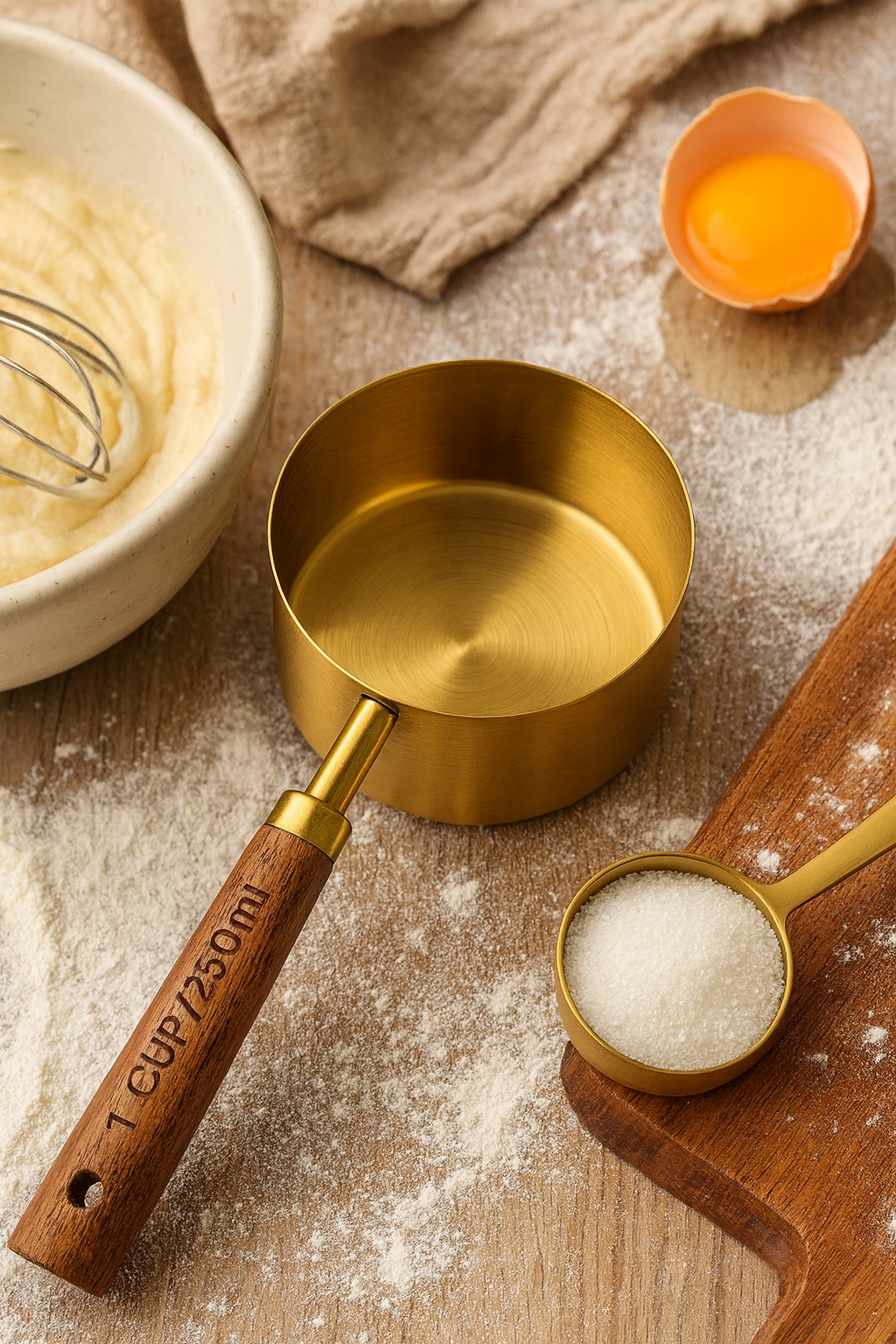 Ensemble de 8 cuillères et tasses à mesurer – Acier inoxydable doré/argenté avec manche en bois