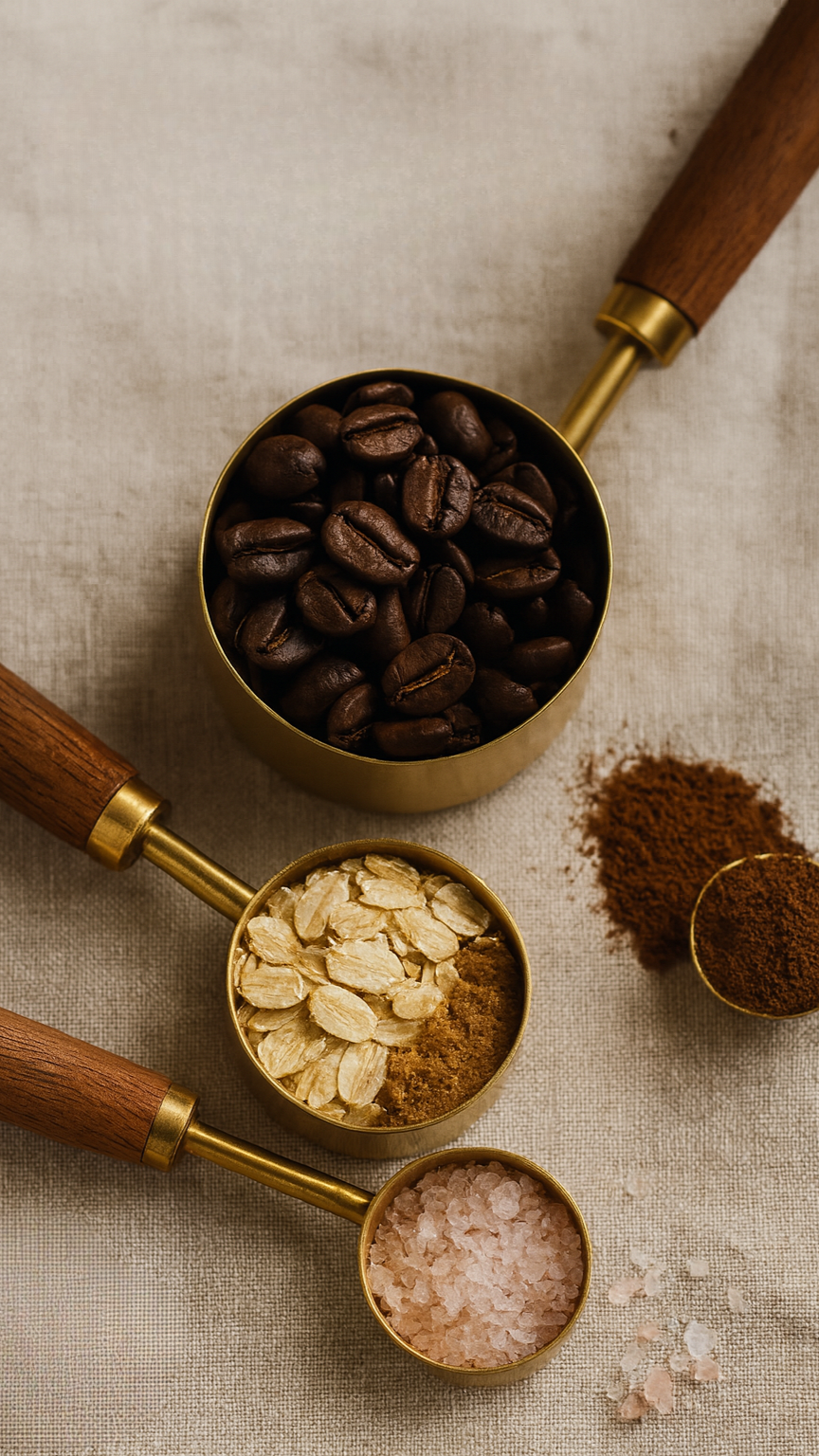 Ensemble de 8 cuillères et tasses à mesurer – Acier inoxydable doré/argenté avec manche en bois