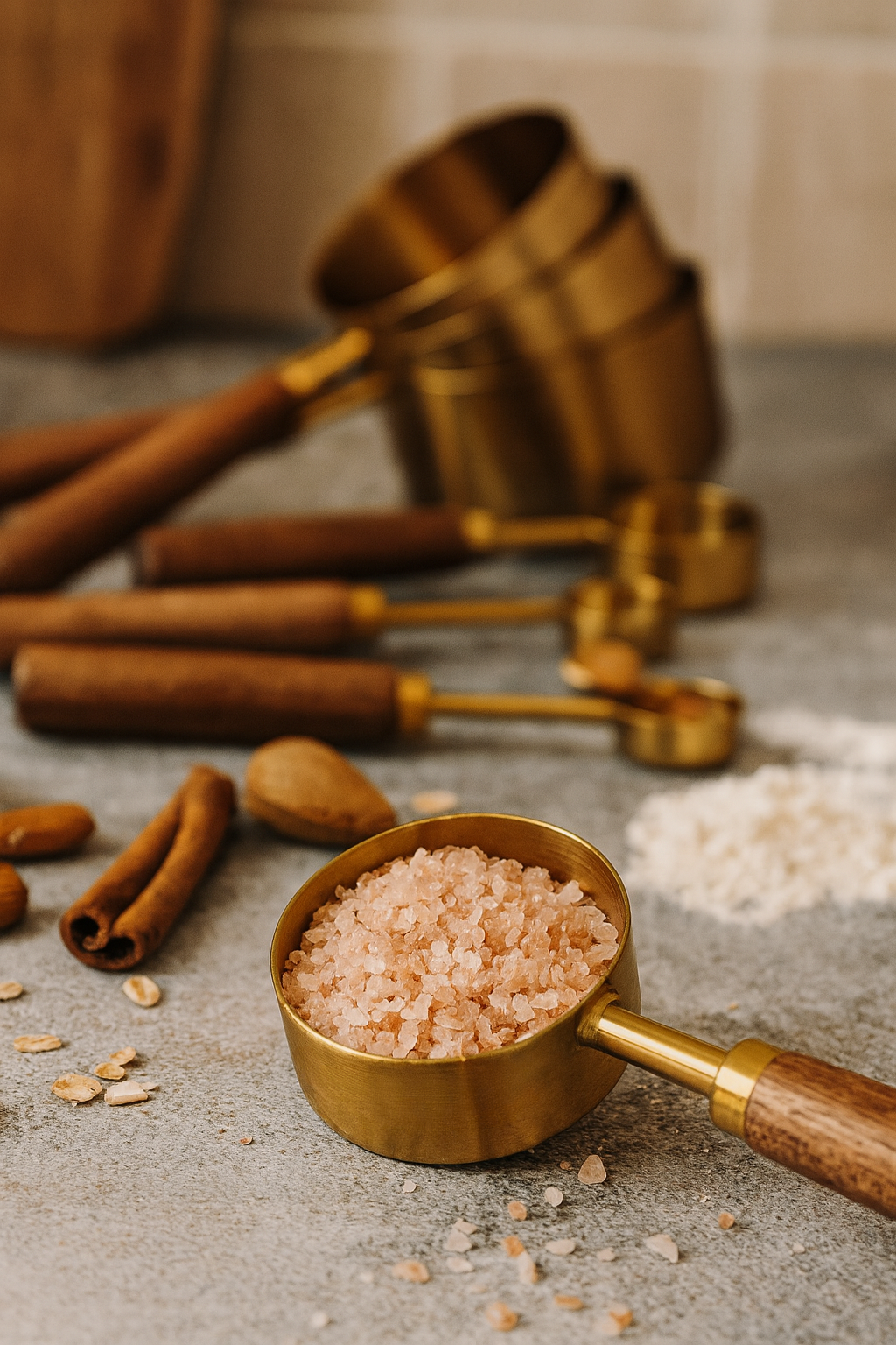 Ensemble de 8 cuillères et tasses à mesurer – Acier inoxydable doré/argenté avec manche en bois