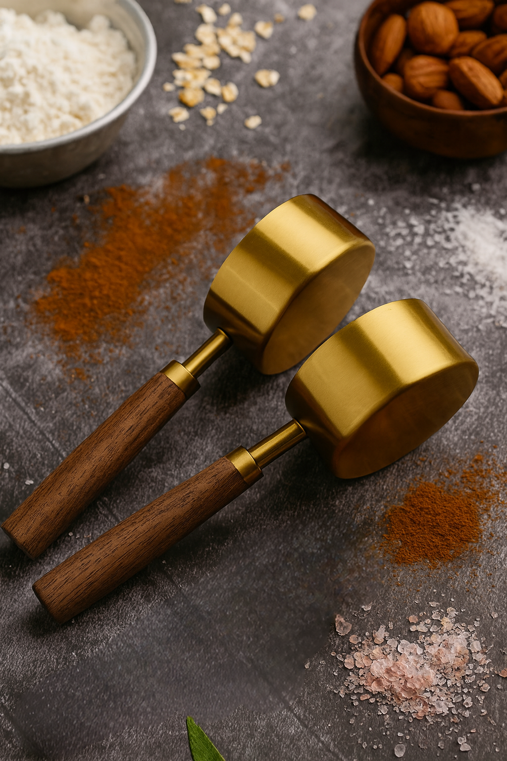 Ensemble de 8 cuillères et tasses à mesurer – Acier inoxydable doré/argenté avec manche en bois