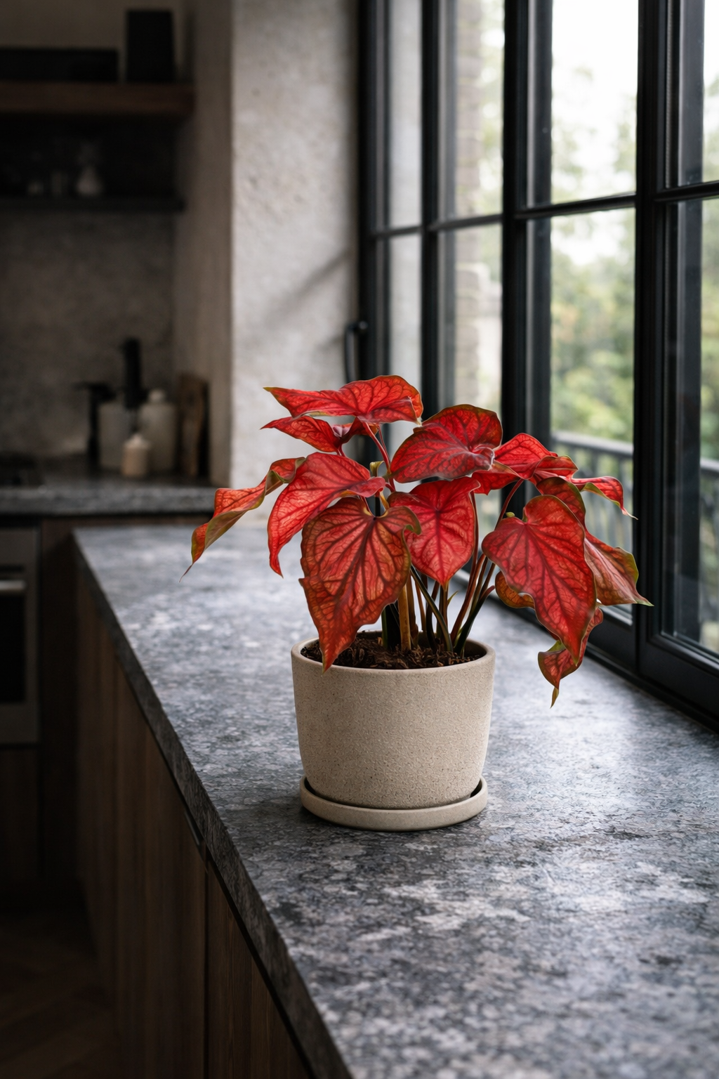 Caladium Rood – Plante rare d’intérieur rouge tropicale – Pot Ø12 cm – Hauteur 25 à 40 cm