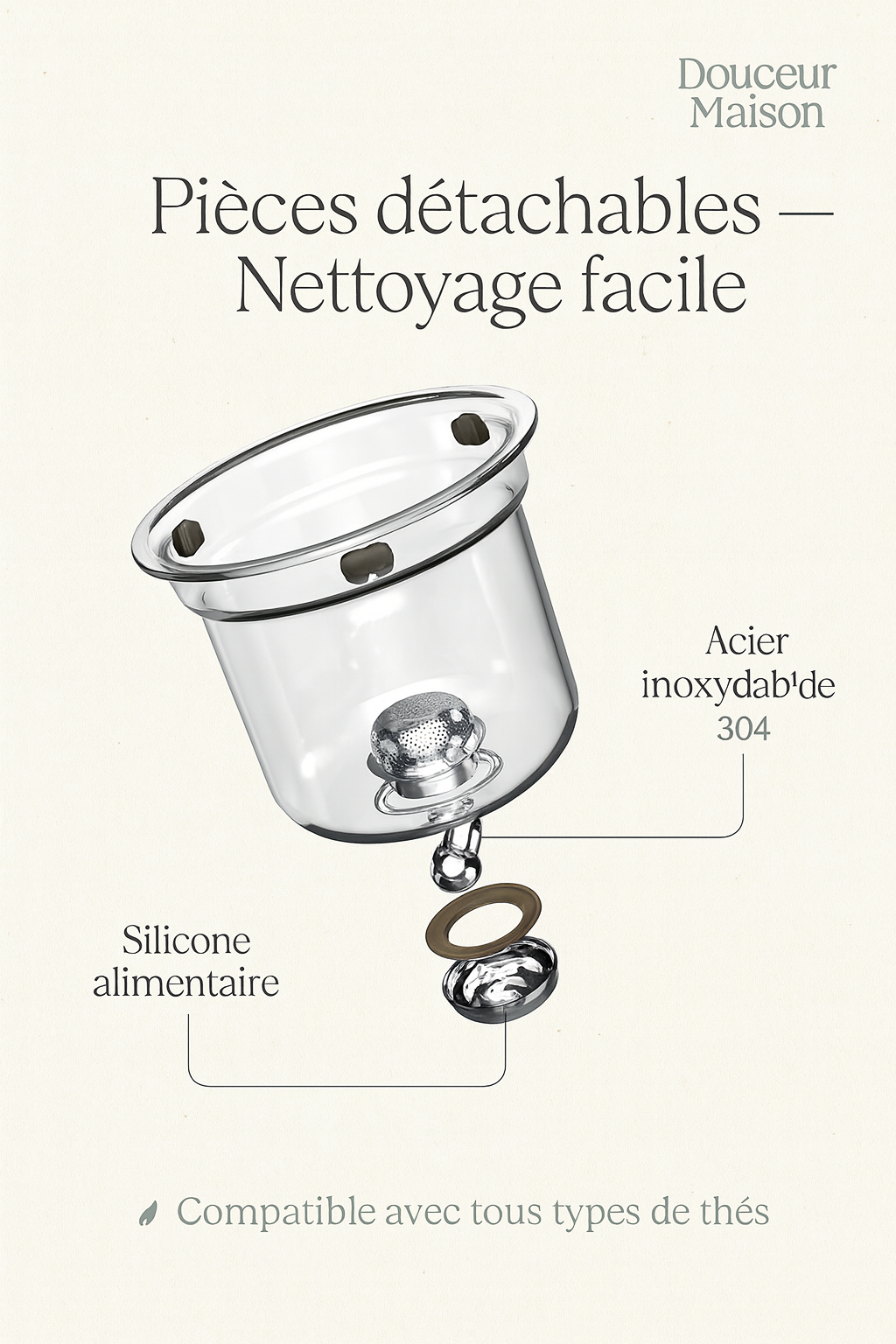 Théière en Verre Borosilicaté 600 ml – Poignée Bois, Filtration à un Clic – Variante Théière Seule ou Coffret avec 6 Tasses