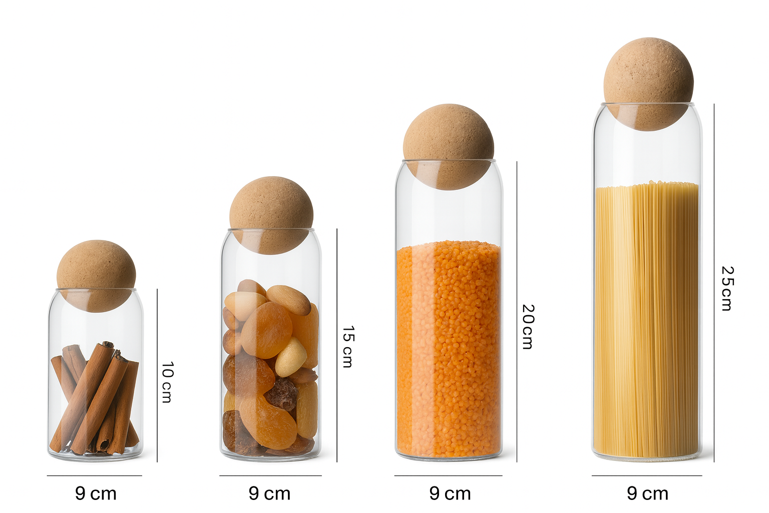 Lot de 4 Bocaux Hermétiques en Verre avec Bouchon en Liège – Rangement Cuisine Design – 500 ml, 800 ml, 1000 ml, 1200 ml – Conservation Café, Thé, Pâtes, Céréales