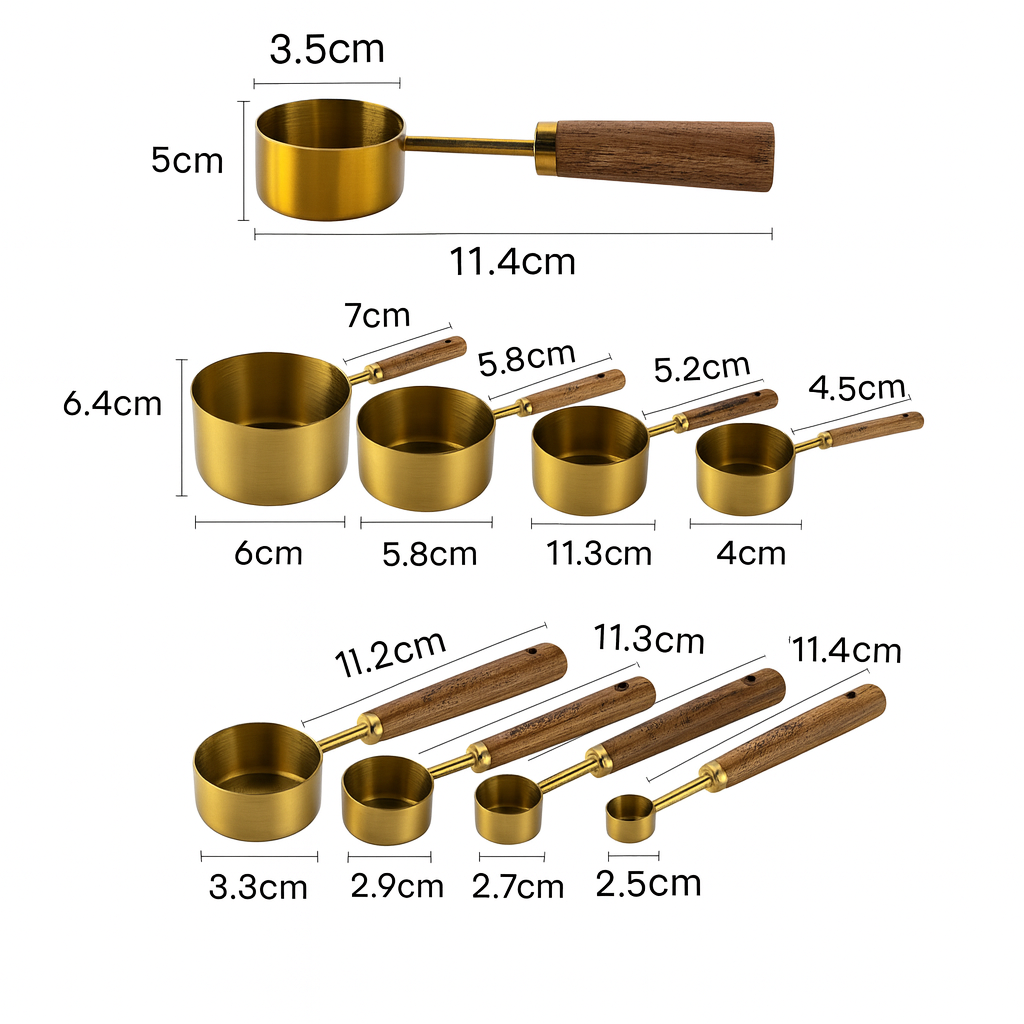 Ensemble de 8 cuillères et tasses à mesurer – Acier inoxydable doré/argenté avec manche en bois