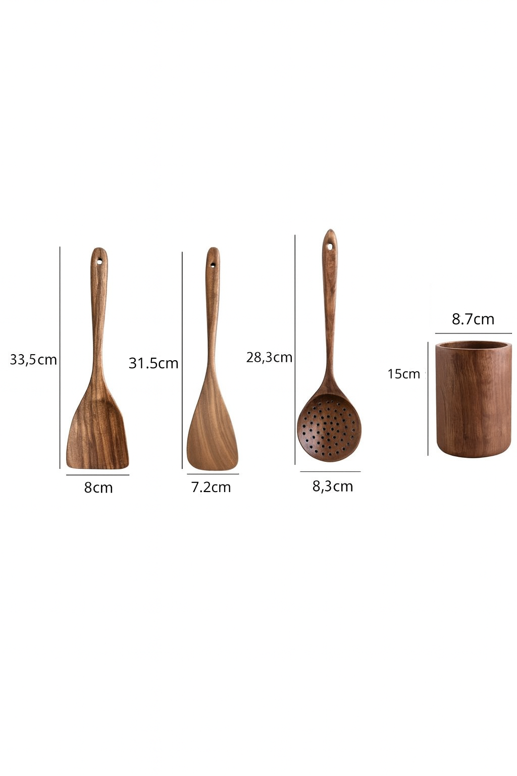 Ensemble d’Ustensiles de Cuisine en Bois avec Pot – Kit 8 pièces Premium (Cuillères, Spatules, Louche, Fourchette) – Éco-responsable & Durable