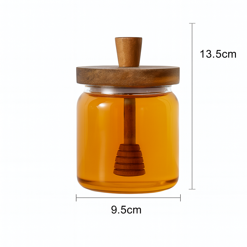 Pot à miel en verre borosilicate avec couvercle bois & dip stick, pot hermétique 350 ml | Accessoire cuisine & déco naturelle