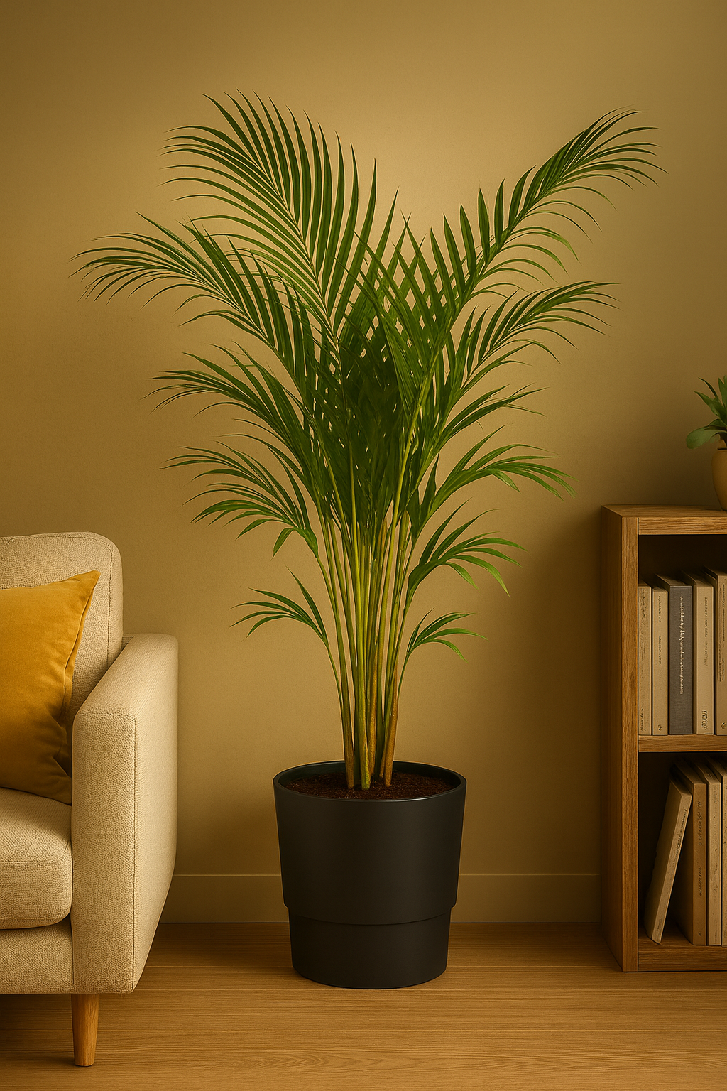 Palmier Areca en pot design – Plante d’intérieur tropicale 110 cm avec cache-pot Elho Greenville Ø21 cm