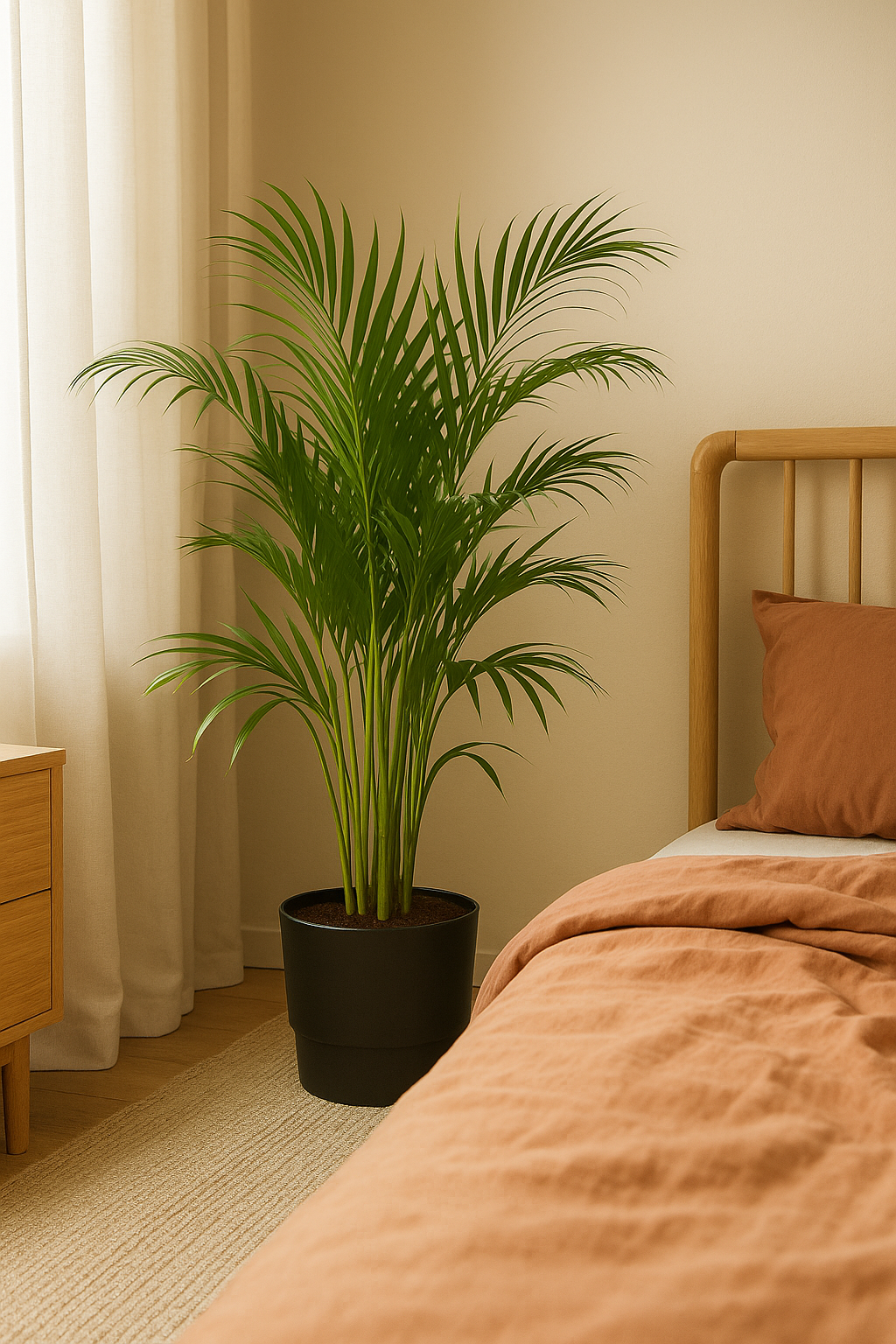 Palmier Areca en pot design – Plante d’intérieur tropicale 110 cm avec cache-pot Elho Greenville Ø21 cm