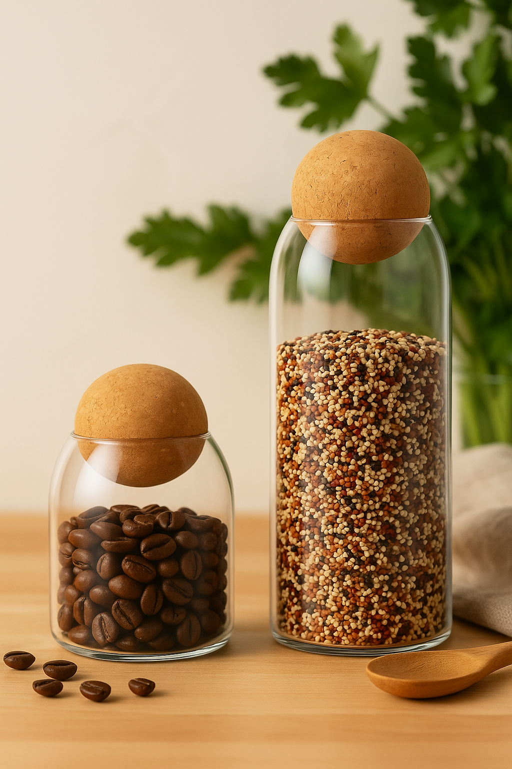 Lot de 4 Bocaux Hermétiques en Verre avec Bouchon en Liège – Rangement Cuisine Design – 500 ml, 800 ml, 1000 ml, 1200 ml – Conservation Café, Thé, Pâtes, Céréales