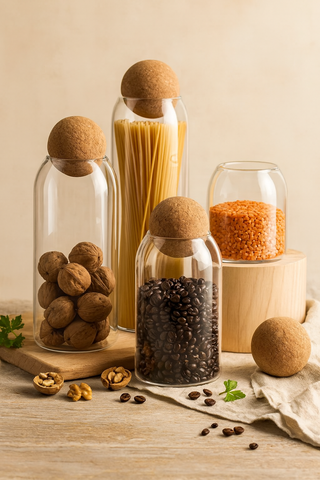 Lot de 4 Bocaux Hermétiques en Verre avec Bouchon en Liège – Rangement Cuisine Design – 500 ml, 800 ml, 1000 ml, 1200 ml – Conservation Café, Thé, Pâtes, Céréales