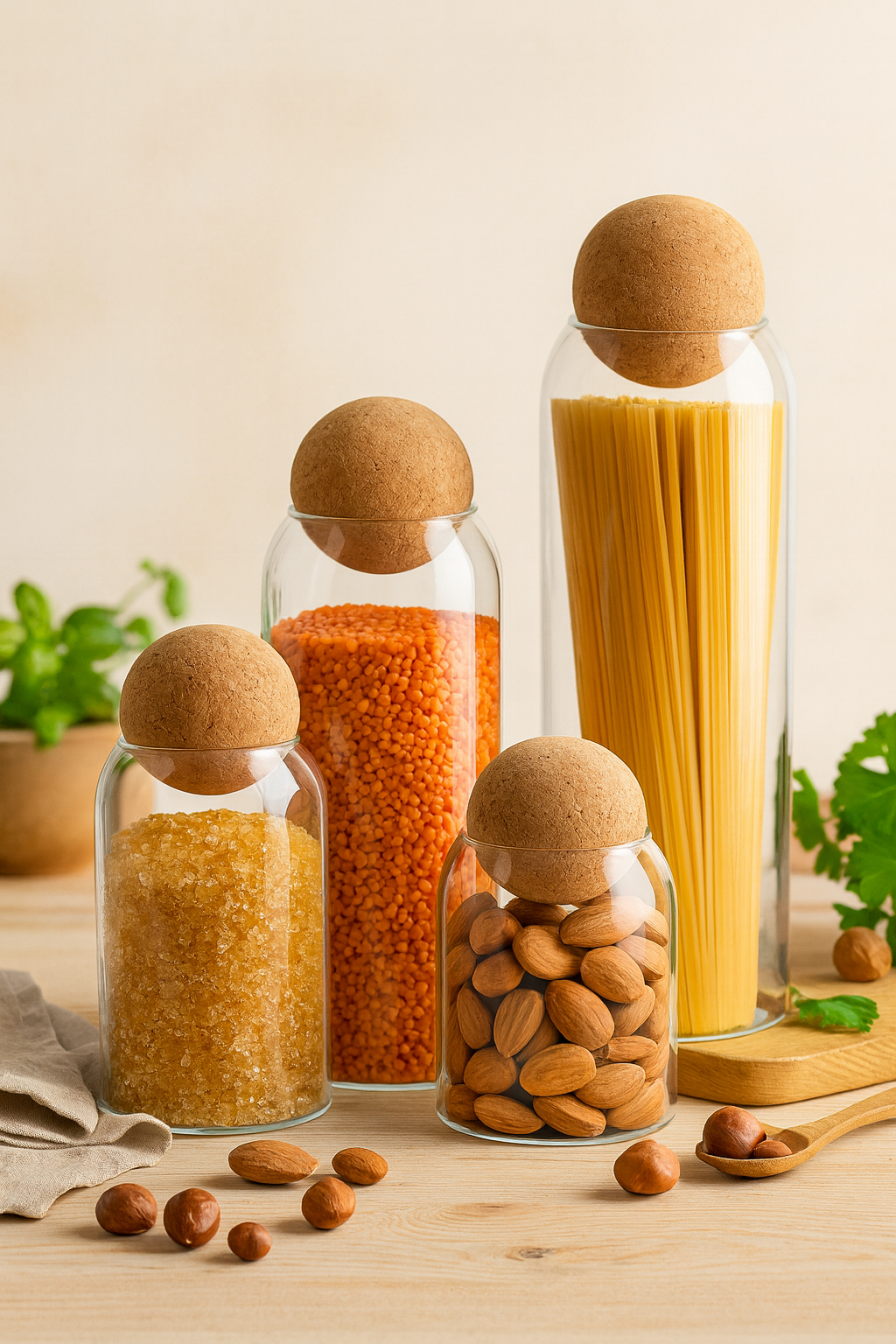 Lot de 4 Bocaux Hermétiques en Verre avec Bouchon en Liège – Rangement Cuisine Design – 500 ml, 800 ml, 1000 ml, 1200 ml – Conservation Café, Thé, Pâtes, Céréales